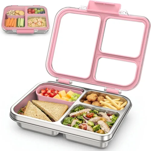Nook Stainless Steel Bento Box for Kids, 3-Compartment Metal Lunch Box with Clear Lid & Removable Silicone, Lunch Box Kids with Silicone Inner Container