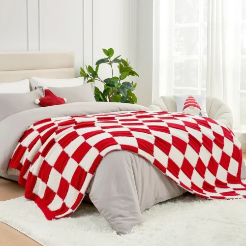 Nook Snuggle Sac Fall Checkered Throw Blanket Faux Fur Microfiber Blankets for Couch, Cozy Soft Warm Blanket for Sofa Bedroom Living Room, Beige Checker, 50x60 inches
