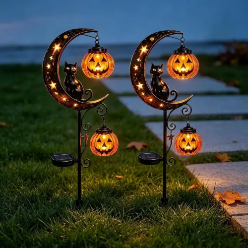 Nook Solar Lights, Halloween Black Cat Pumpkin Moon Garden Stake Light