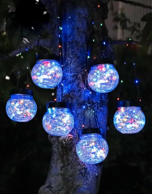 Nook Lanterns Solar Lights Outdoor Waterproof 6-Pack, Solar Powered Hanging Lights Cracked Glass Hanging Globes for Christmas Decoration, Shepherd Hook
