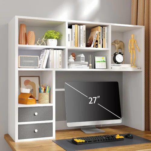 Nook Desktop Bookshelf, 8 Shelves Desk Hutch for Dorm Room, White