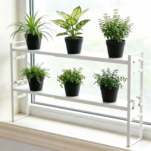 Nook Expandable Window Sill Plant Shelf, Narrow Expandable Window Shelf for Plants Kitchen Sink Organizer Stackable Shelves for Kitchen Counter, Windowsill Plants, Bathroom Vanity (Black)