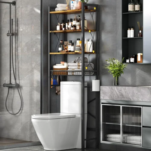 Nook Over-The-Toilet Storage Rack, 4-Tier Bathroom Organizer Shelf Over Toilet with Adjustable Shelf and Basket, Freestanding Space Saver Bathroom Shelves Above Toilet for Room (Pure White)