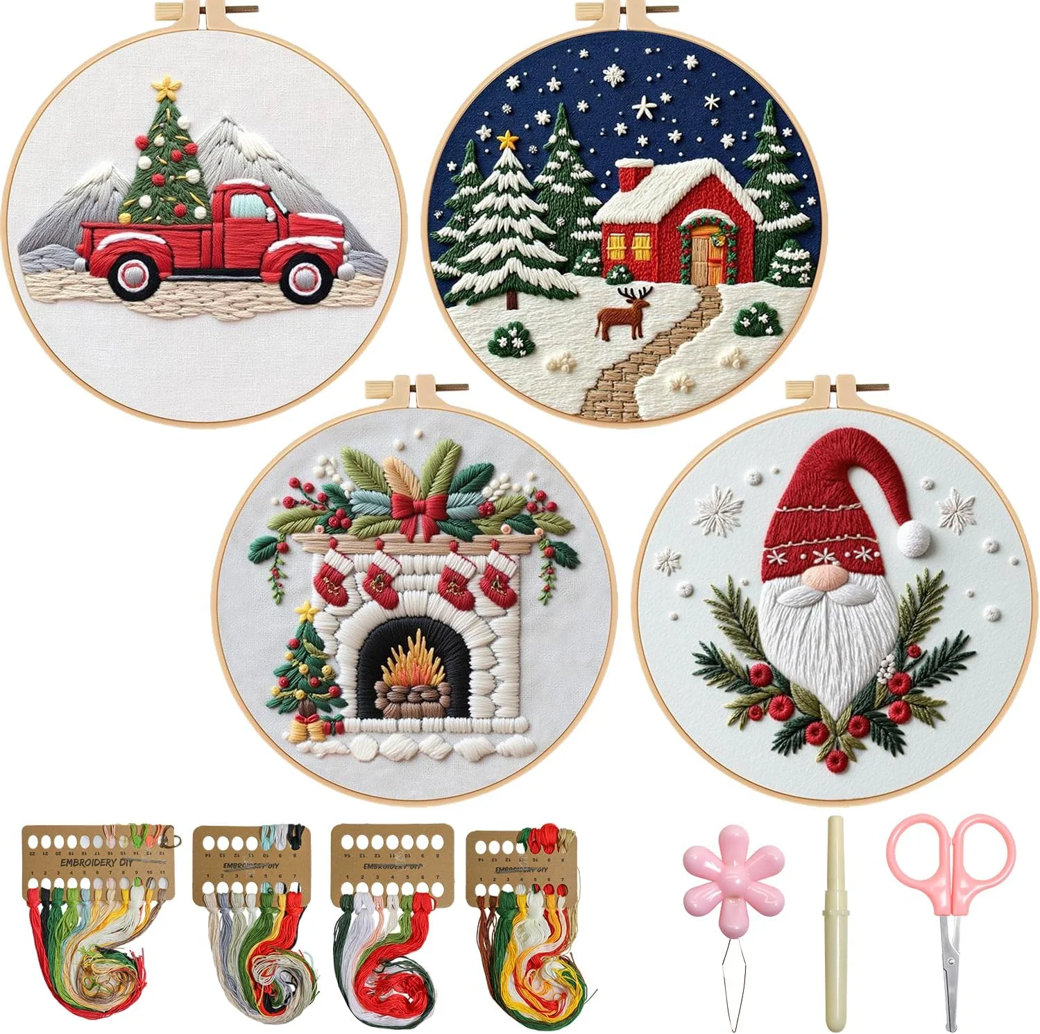 Embroidery Kit, Skeleton Cross Stitch Kits, 4 Set Craft Kits for Beginners with Pre-Printed Embroidery Fabric, Hoops, Step-by-Step Instructions
