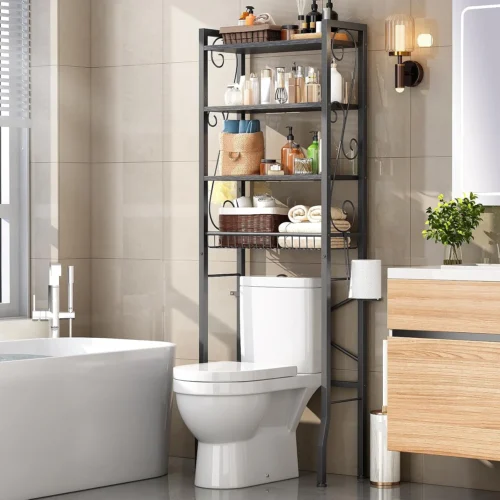 Nook Storage Rack 4-Tier, Bathroom Organizer Shelf Over Toilet, Adjustable Wooden Shelves and Basket, Freestanding Above Toilet Shelf, Space Saver for Rooms(Black Rack-Rustic Brown Shelves)