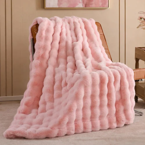 Nook Smoofy Faux Rabbit Fur Throw for Couch - Rainbow Bubble Blanket 50x60