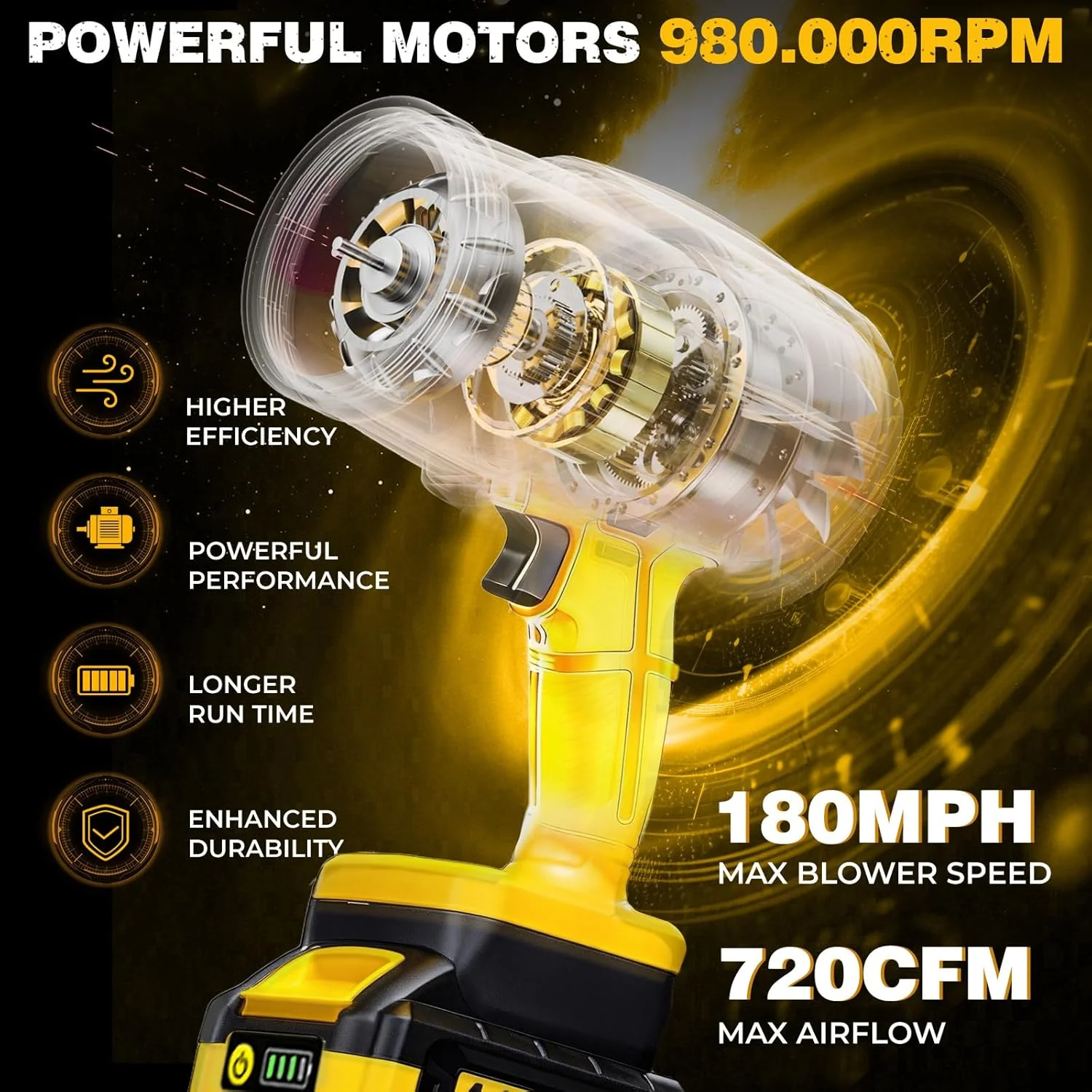 Leaf Blower for DEWALT 20V Max Battery, 720-CFM 180-MPH Handheld Electric Brushless Dust Blower with Light, Battery Powered Leaf Blowers for Patio - Image 3