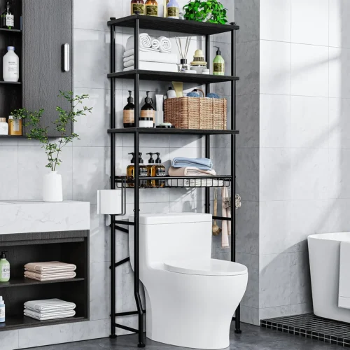 Nook Over-The-Toilet Storage Rack, 4-Tier Bathroom Organizer Shelf Over Toilet with Adjustable Shelf and Basket, Freestanding Space Saver Bathroom Shelves Above Toilet for Room (Black)