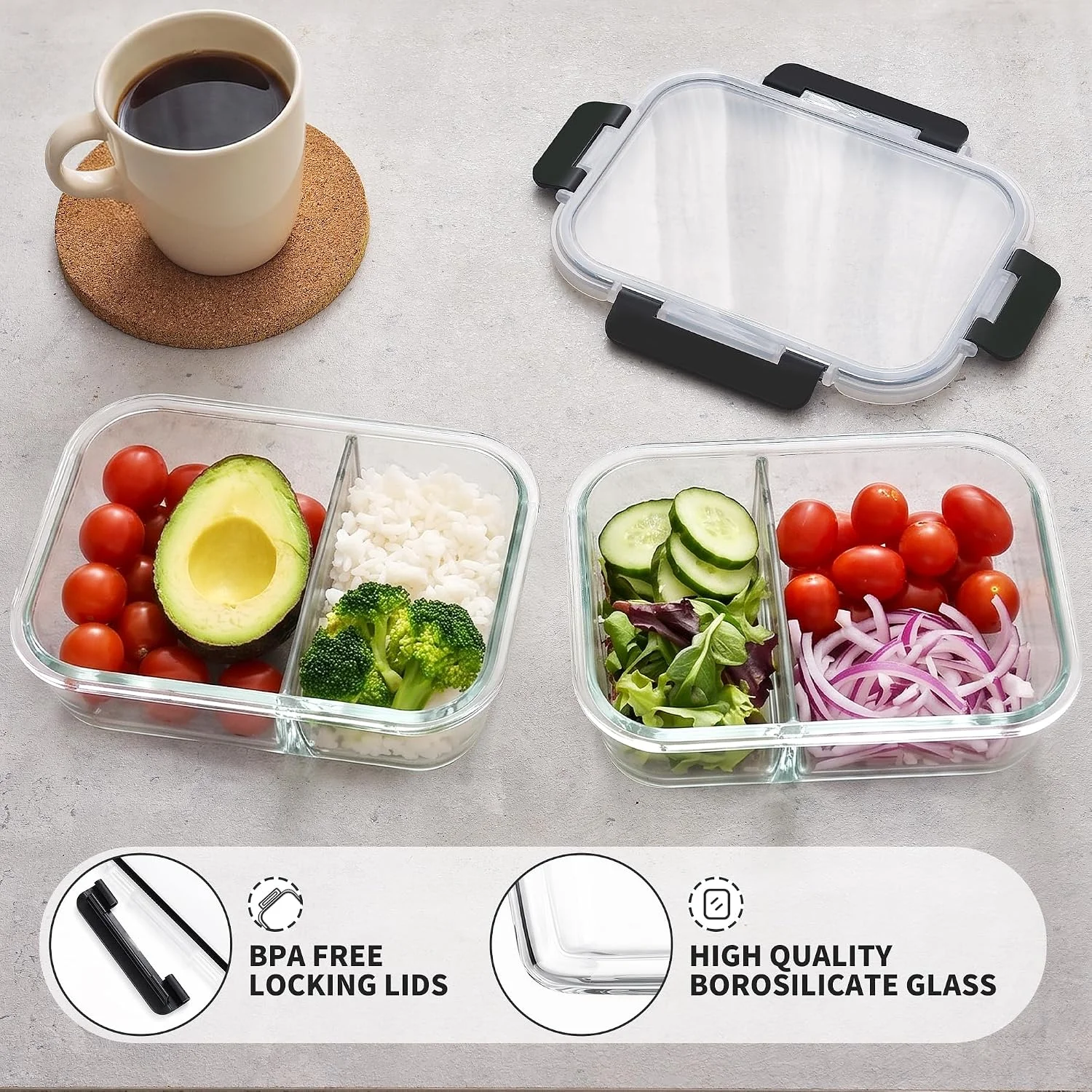 Nook Pack 2 Compartment 36oz Borosilicate Glass Meal Prep Containers with Lids - Image 2