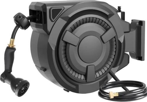 Retractable Garden Hose Reel 1/2 in x 100 ft, Heavy Duty Wall Mounted Hose Reel with 10- Function Sprayer