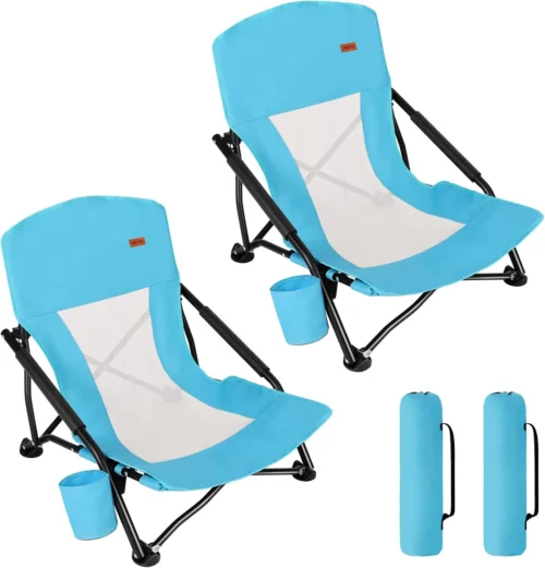Nook Low Beach Chair for Adults 2 Pack, Low Profile Folding with Cup Holder & Carry Bag, Heavy Duty Chair for Outdoor