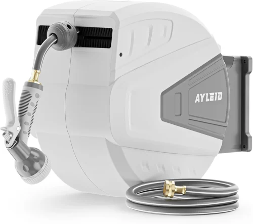 Nook Retractable Rubber Hybrid Garden Hose Reel, 5/8x100ft Wall Mount, 24-month warranty, 9-pattern sprayer