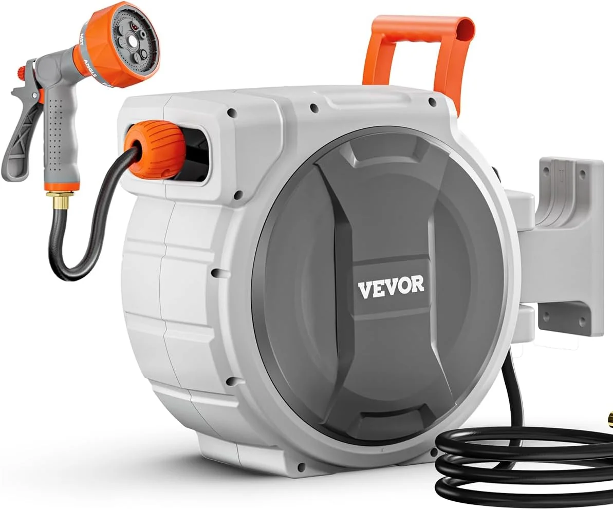 Nook Retractable Garden Hose Reel, 1/2 in x 50 ft, Wall Mounted Hose Reel with 9-Function Sprayer Nozzle and 180°