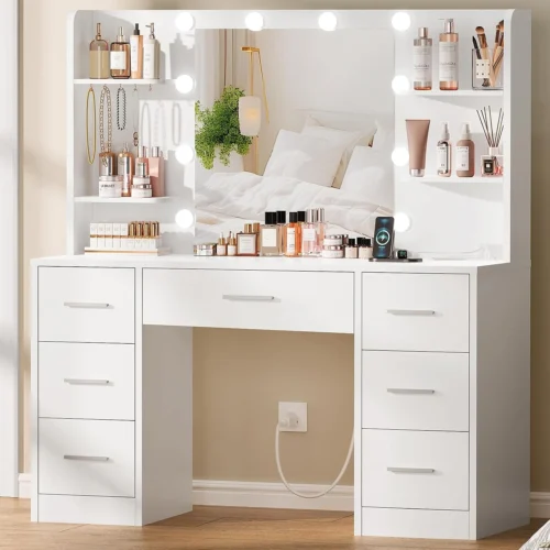 Alternative view of Nook Large Vanity Desk with LED Lighted Mirror & Power Outlet, Makeup Vanity Table with 7 Drawers