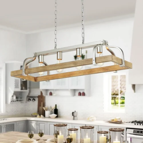 Alternative view of Nook 5-Light Metal Chandelier Imitation Wood Grain Linear Pendant Ceiling Lighting Rustic Farmhouse Fixture Kitchen