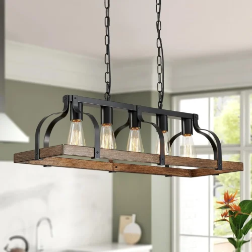 Nook 5-Light Metal Chandelier Imitation Wood Grain Linear Pendant Ceiling Lighting Rustic Farmhouse Fixture Kitchen