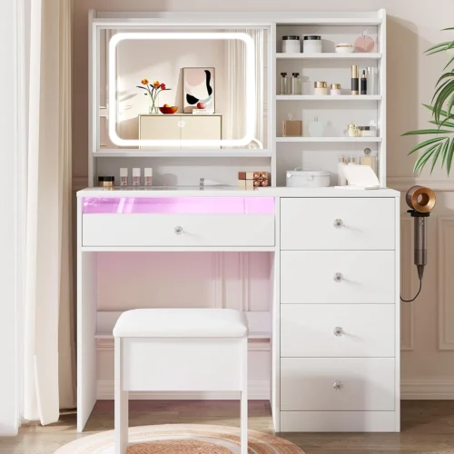 Nook White Makeup Vanity Desk with Charging Station & 4 Drawers, Smart LED Mirror