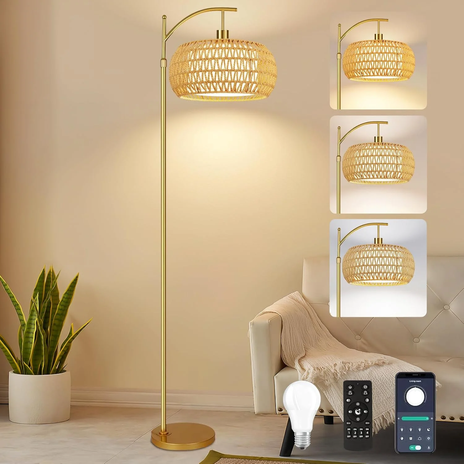 Nook Floor Lamp for Living Room Rattan Boho Floor Lamp with Remote Control, Dimmable, 3-Color Temperature - Image 2
