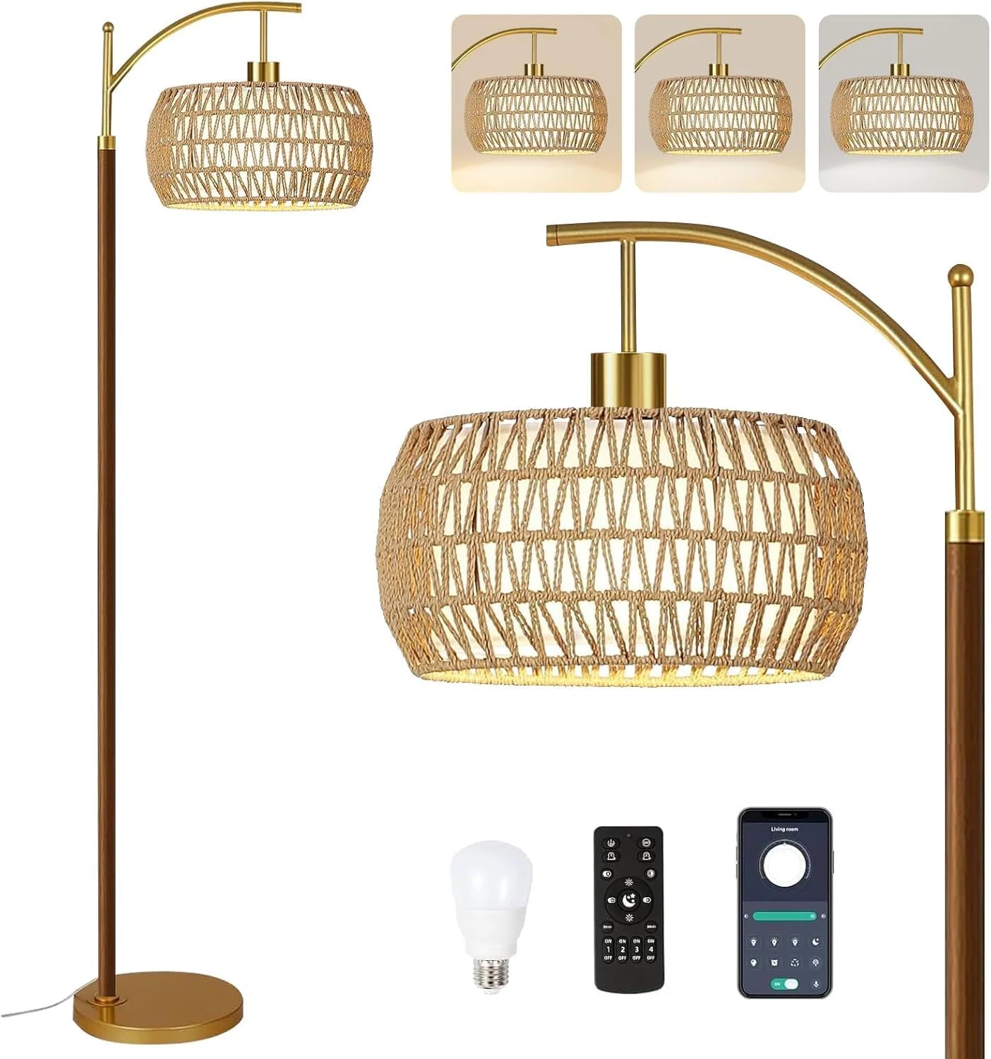 Nook Floor Lamp for Living Room Rattan Boho Floor Lamp with Remote Control, Dimmable, 3-Color Temperature - Image 6