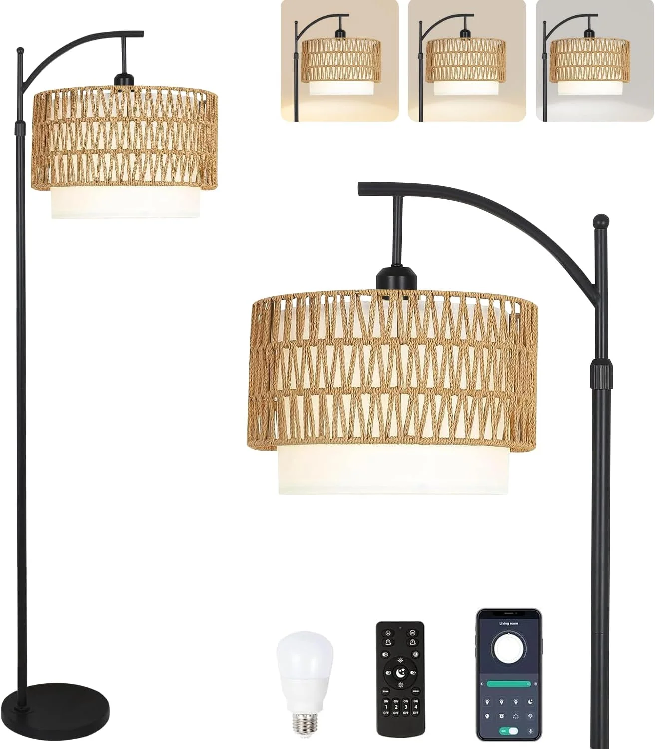 Nook Floor Lamp for Living Room Rattan Boho Floor Lamp with Remote Control, Dimmable, 3-Color Temperature - Image 11