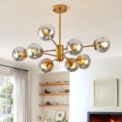 Nook 6-Light Glass Globe Sputnik Chandelier Modern Matte Black and Gold Ceiling Light Fixture Vintage Hanging