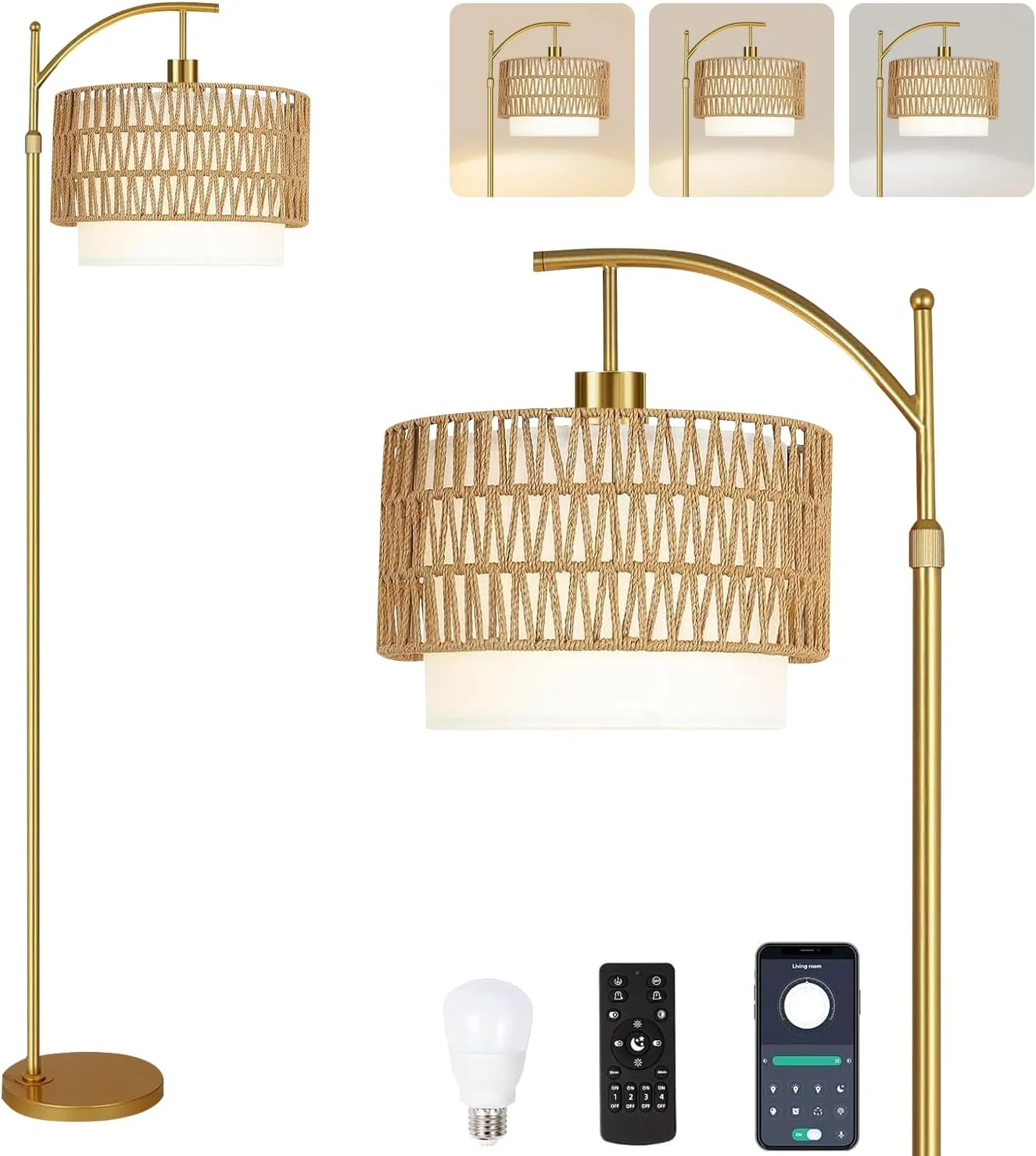 Nook Floor Lamp for Living Room Rattan Boho Floor Lamp with Remote Control, Dimmable, 3-Color Temperature - Image 5