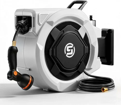 Nook Retractable Garden Hose Reel, 1/2 x 100ft Wall Mounted Hose Reel with 3/4'' Brass Fitting & 10-Pattern Nozzle