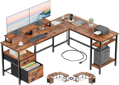 Alternative view of 66” L Shaped Desk with Power Outlet, Reversible Home Office Desk with File Drawer, 2 Monitor Stands