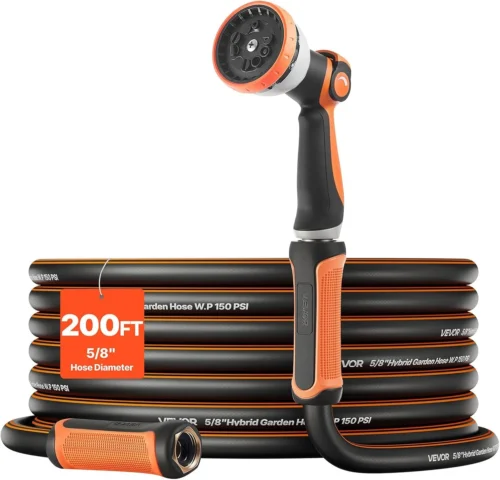 Nook Garden Hose, 200 ft 5/8 Heavy Duty Rubber Water Hose with 10 Mode Nozzle, 150PSI Working & 600PSI Burst