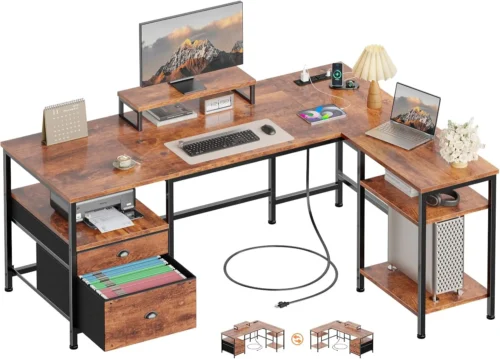66” L Shaped Desk with Power Outlet, Reversible Home Office Desk with File Drawer, 2 Monitor Stands