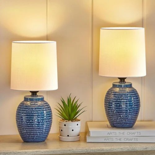 Nook Table Lamp Set of 2-13.5 Small Boho Lamp, Farmhouse Rustic Ceramic Table Lamp for Bedroom
