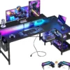 Nook 48 Inch Gaming Desk with USB Charging Ports and LED Lights, Reversible L Shaped Computer Desk with Storage Shelves &