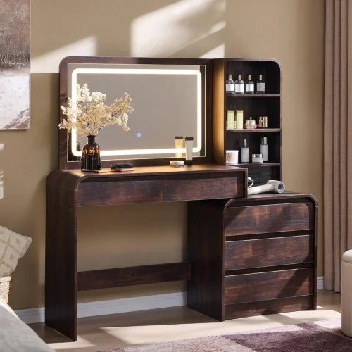 Nook Vanity Desk with Mirror and Lights, 50” Modren Makeup Vanity with 35.43 Mirror and 5 Drawers