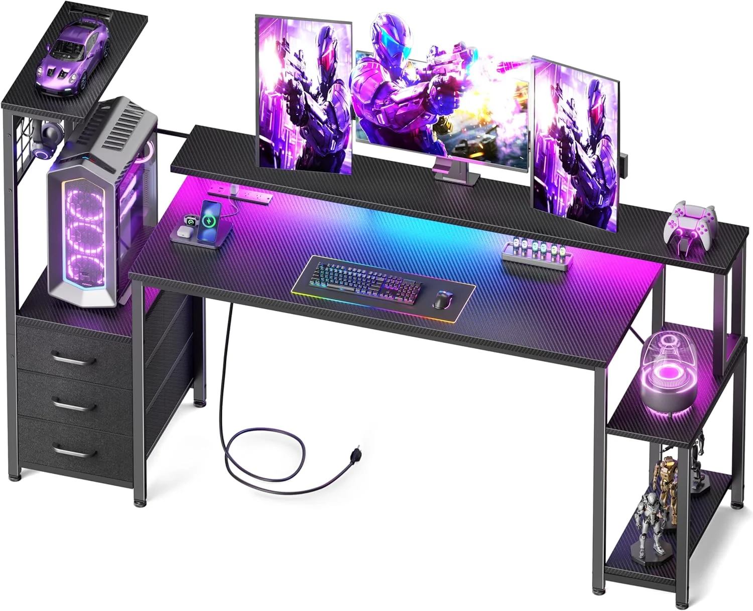 Nook 48 Inch Gaming Desk with LED Lights & Power Outlets, Computer Desk with Fabric Drawers & Side Hook - Image 2