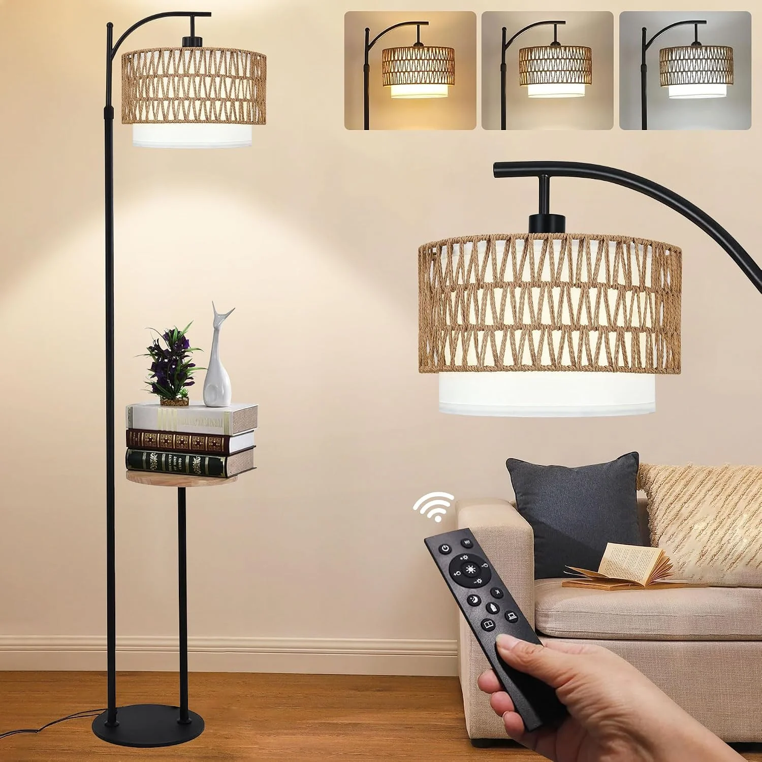 Nook Floor Lamp for Living Room Rattan Boho Floor Lamp with Remote Control, Dimmable, 3-Color Temperature - Image 7
