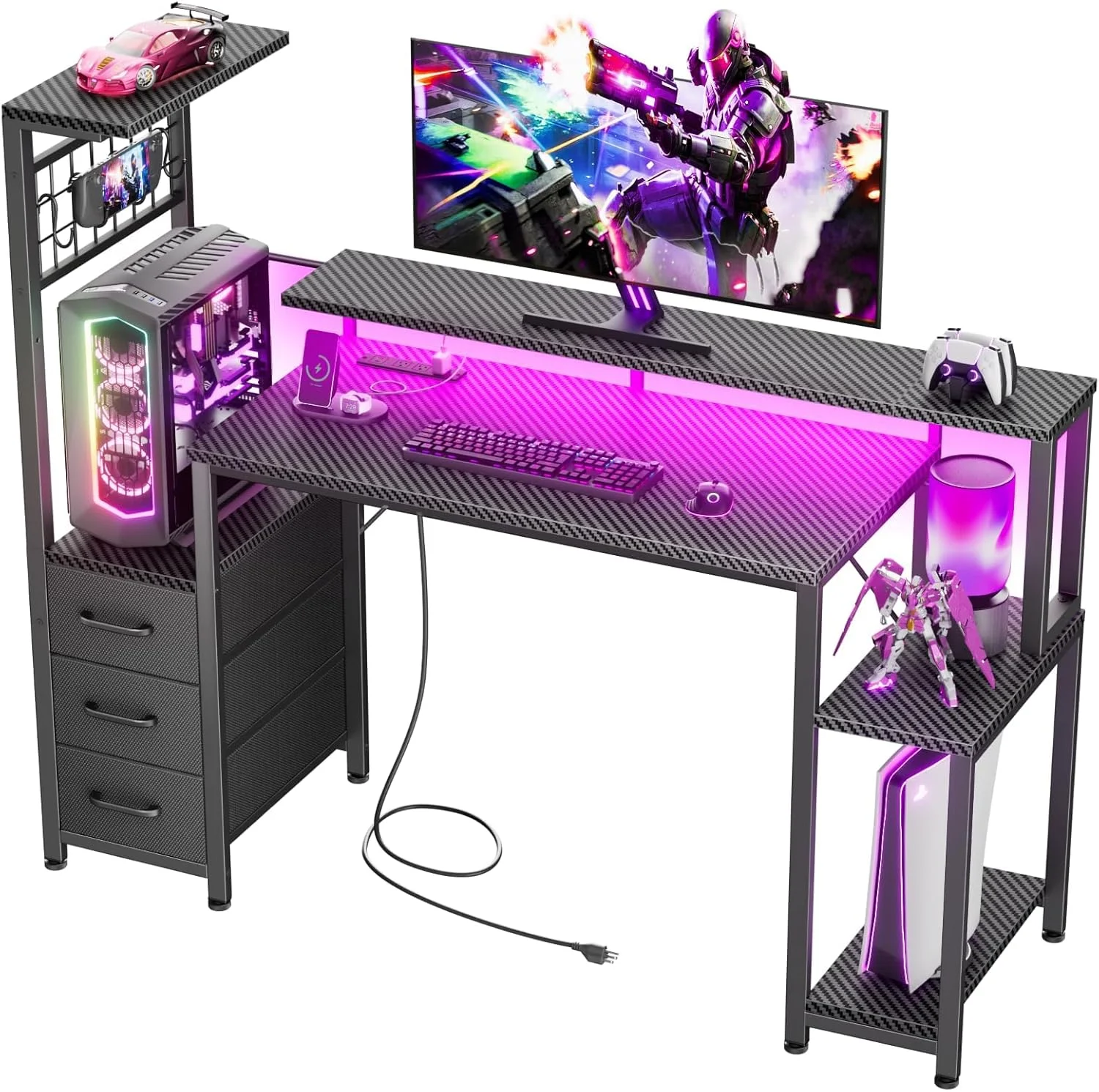 Nook 48 Inch Gaming Desk with LED Lights & Power Outlets, Computer Desk with Fabric Drawers & Side Hook - Image 3