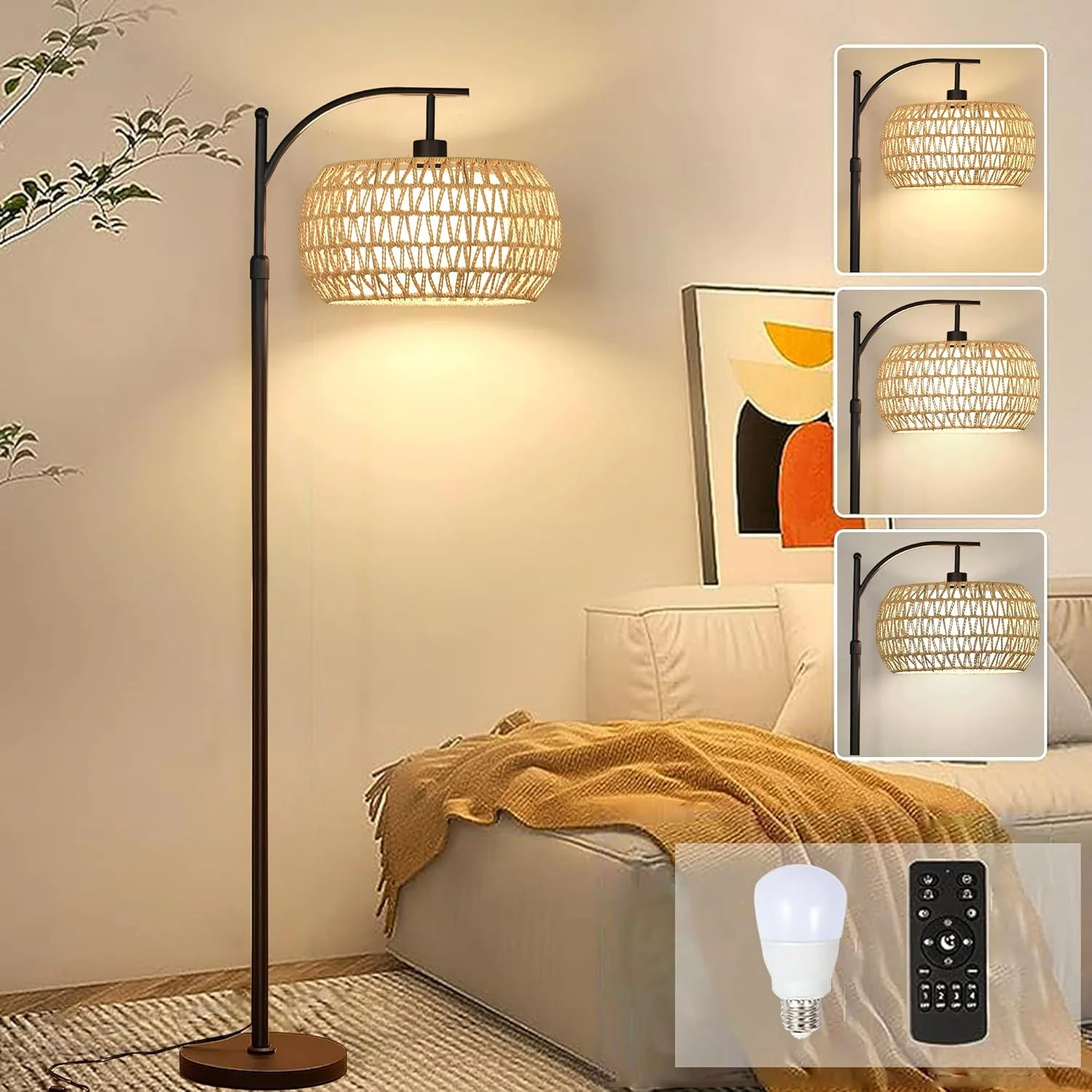 Nook Floor Lamp for Living Room Rattan Boho Floor Lamp with Remote Control, Dimmable, 3-Color Temperature