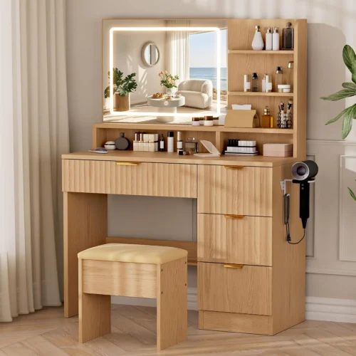 Alternative view of Nook White Makeup Vanity Desk with Charging Station & 4 Drawers, Smart LED Mirror