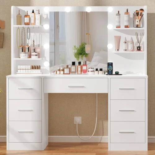 Nook Large Vanity Desk with LED Lighted Mirror & Power Outlet, Makeup Vanity Table with 7 Drawers